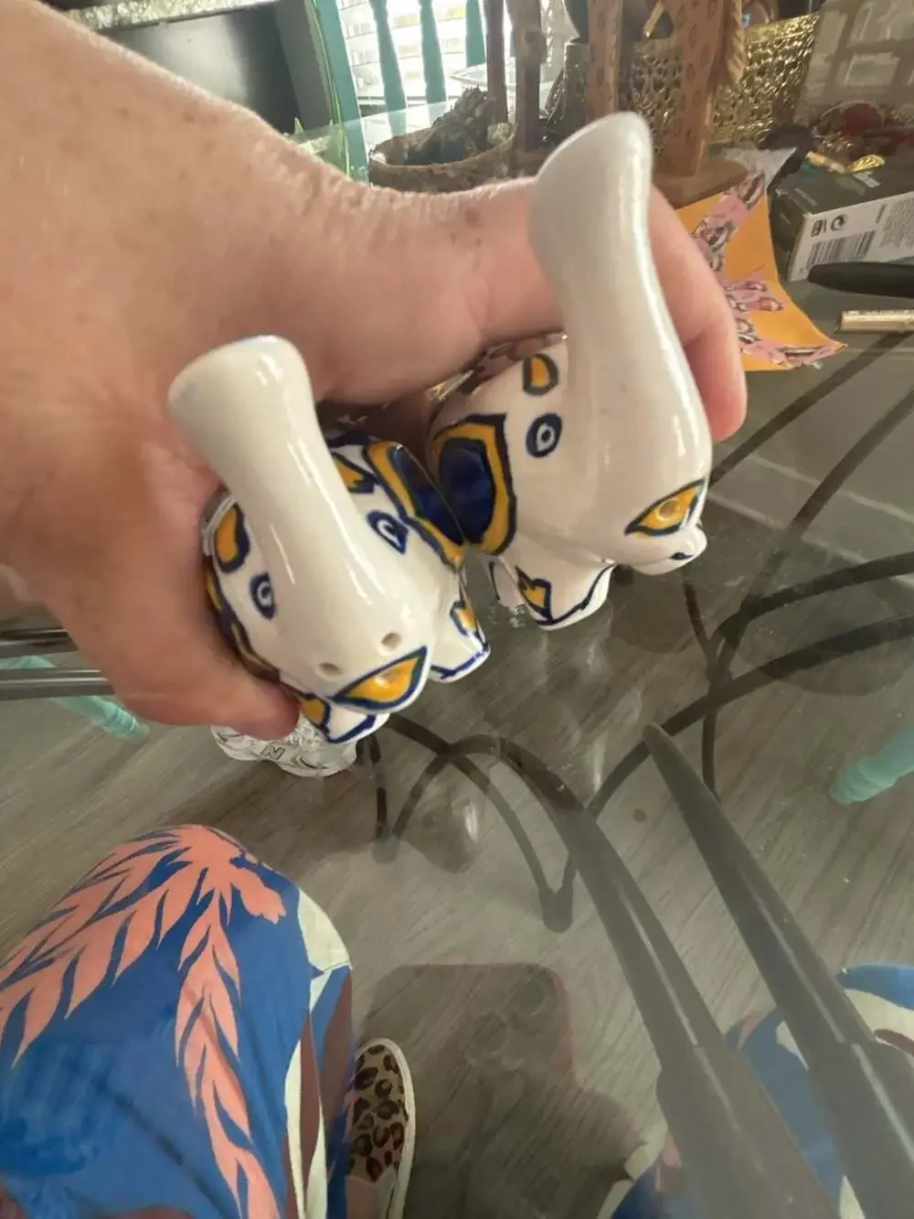 Elephant Ceramic Salt and Pepper Shakers Set Blue Yellow